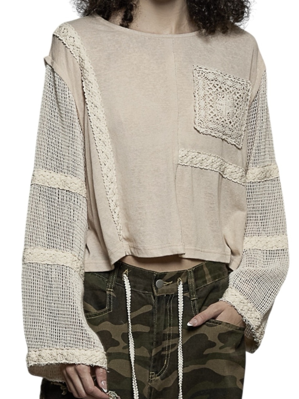 Pol Off White Cotton Round Neck Long Sleeve Crochet Patchwork Top